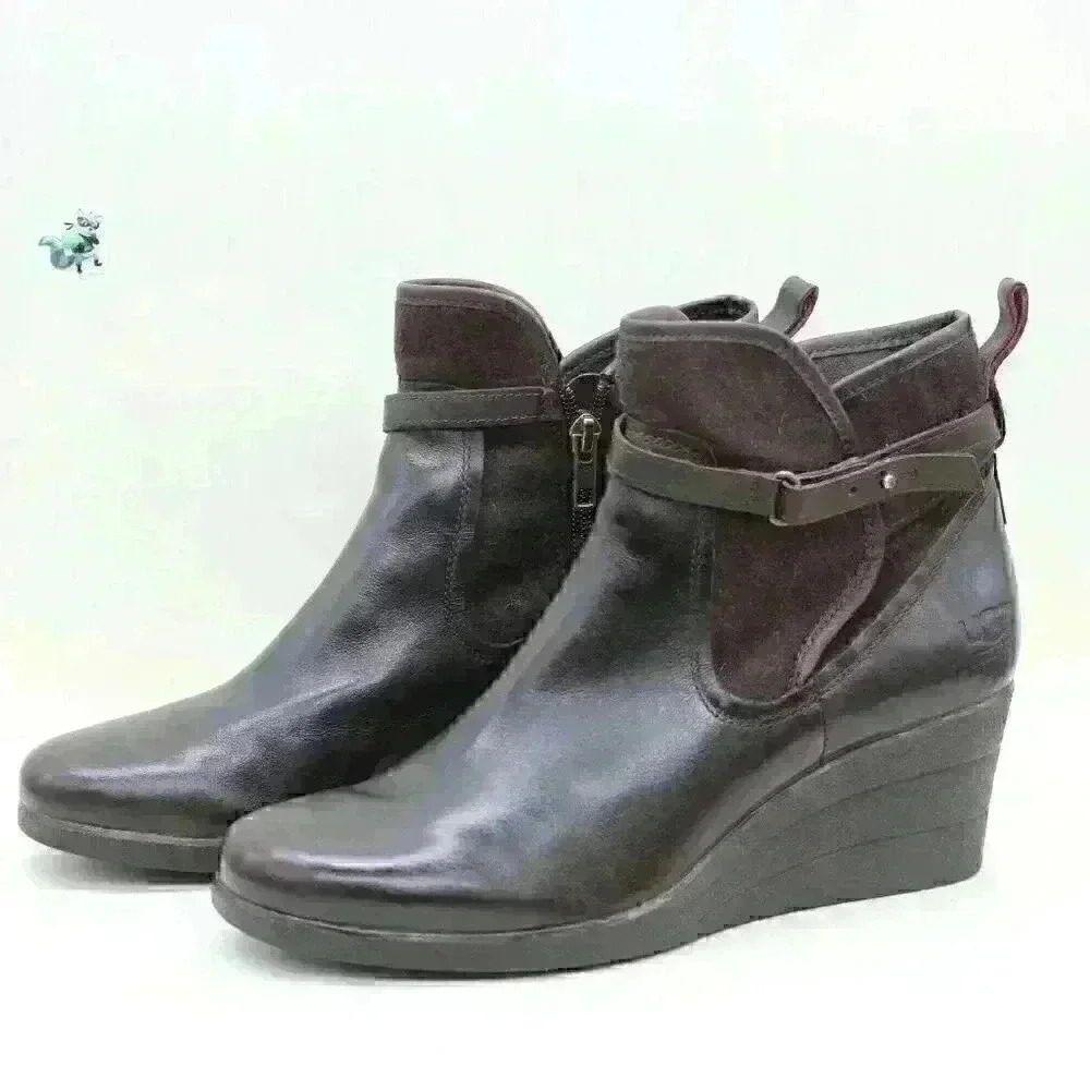 UGG Australia Emalie Women's Brown Leather Wedge Ankle Boots Size US 10